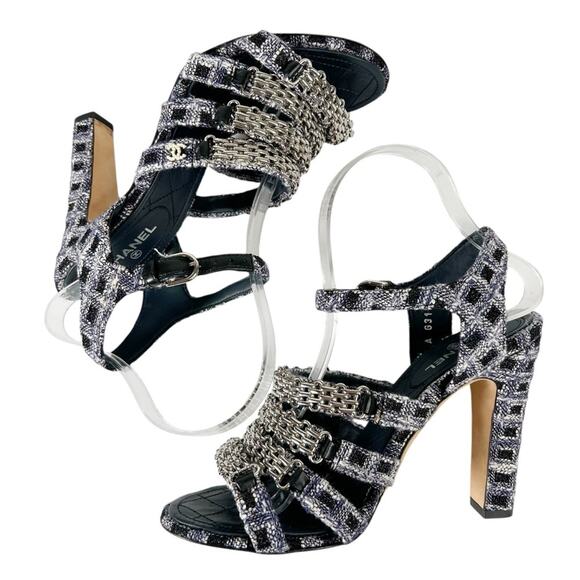 CHANEL Tweed Strappy Chain Interlocking CC Heeled Sandals - Picture 5 of 14